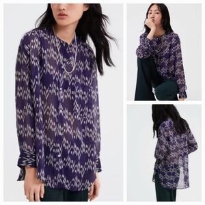 Zara Blue Chiffon Blouse Medium Button Front Long Sleeve Ikat Print Casual